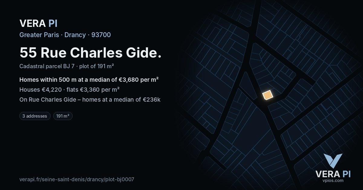 55 Rue Charles Gide, Drancy at night – the plot lit, the parcels around coloured by the prices near them