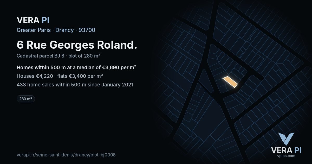 6 Rue Georges Roland, Drancy at night – the plot lit, the parcels around coloured by the prices near them