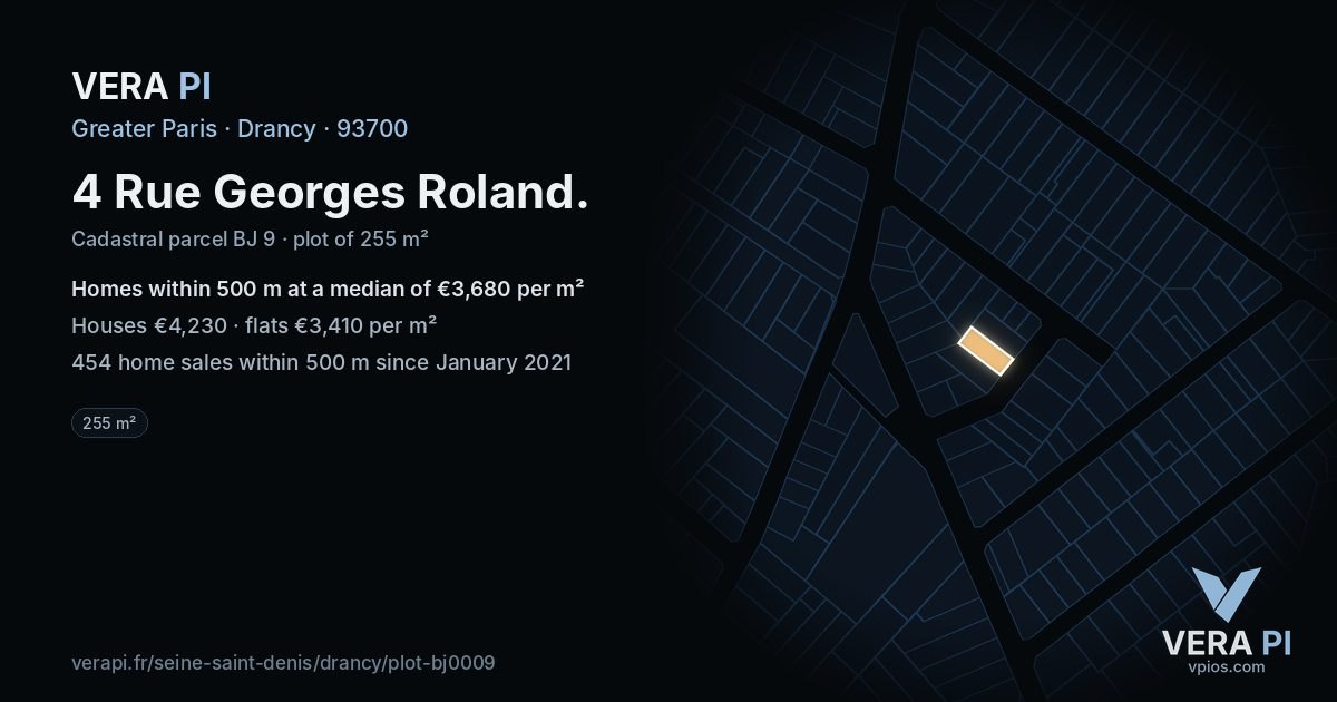 4 Rue Georges Roland, Drancy at night – the plot lit, the parcels around coloured by the prices near them