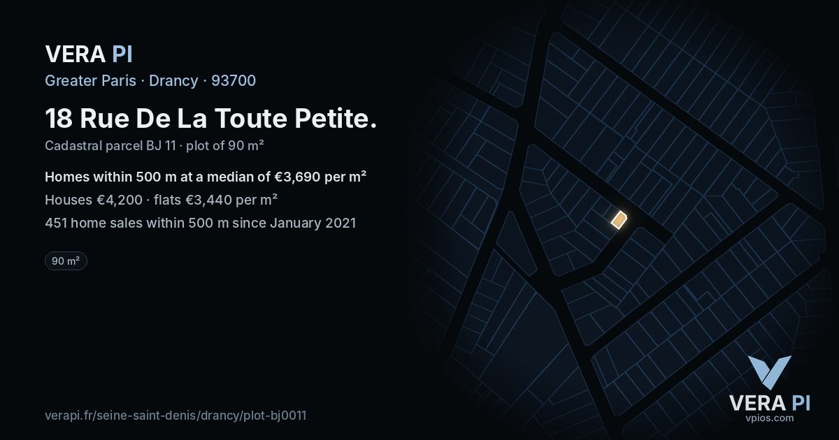 18 Rue De La Toute Petite, Drancy at night – the plot lit, the parcels around coloured by the prices near them