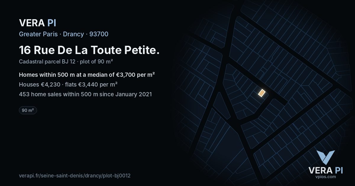 16 Rue De La Toute Petite, Drancy at night – the plot lit, the parcels around coloured by the prices near them