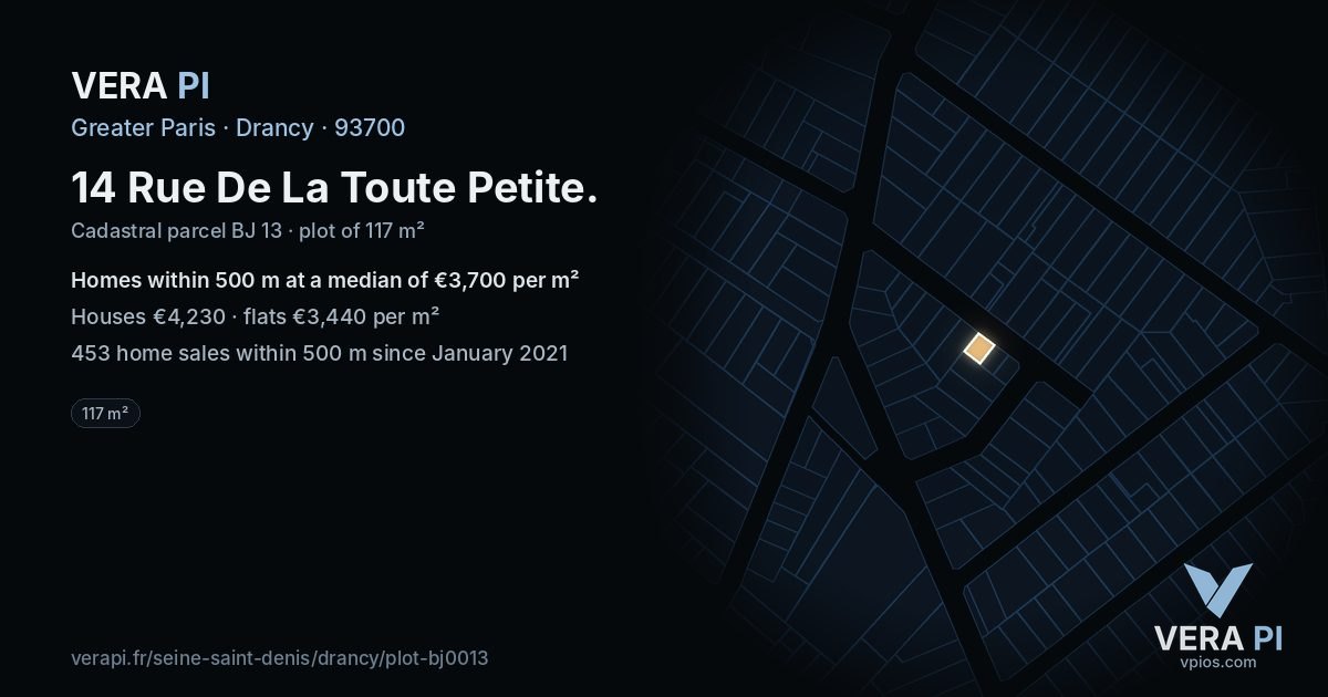 14 Rue De La Toute Petite, Drancy at night – the plot lit, the parcels around coloured by the prices near them