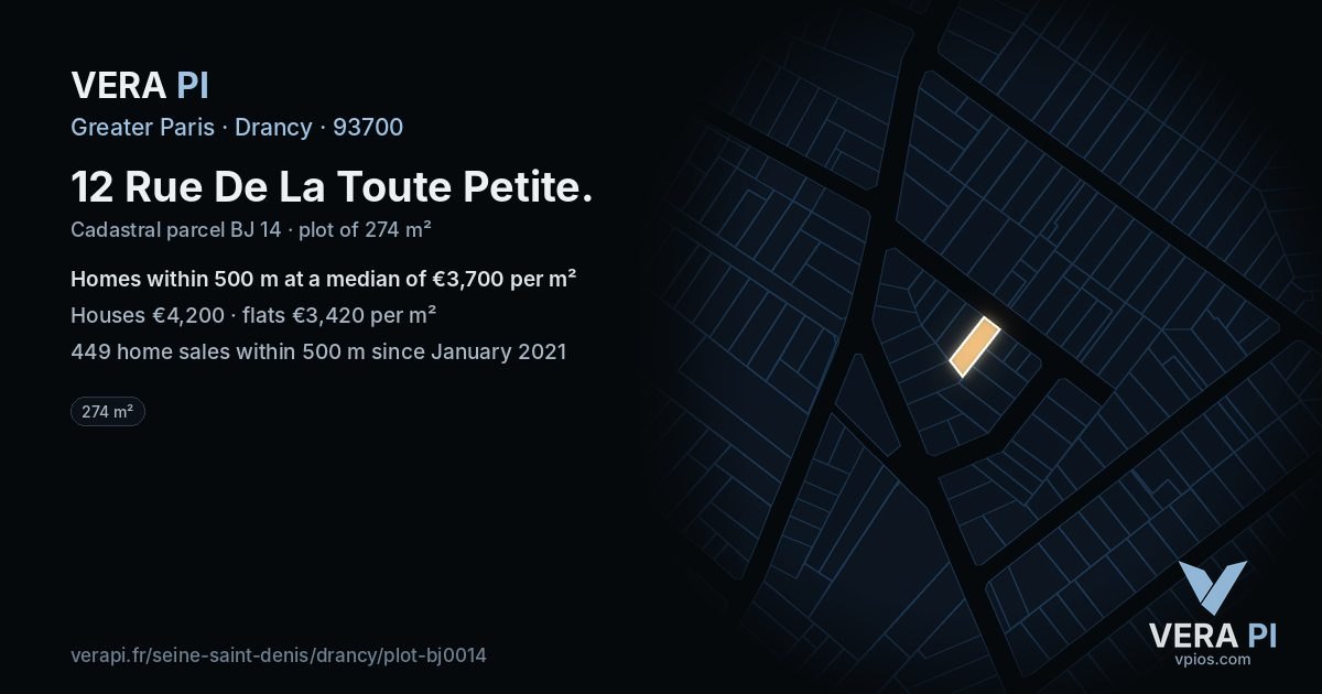 12 Rue De La Toute Petite, Drancy at night – the plot lit, the parcels around coloured by the prices near them