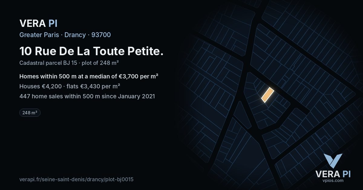 10 Rue De La Toute Petite, Drancy at night – the plot lit, the parcels around coloured by the prices near them