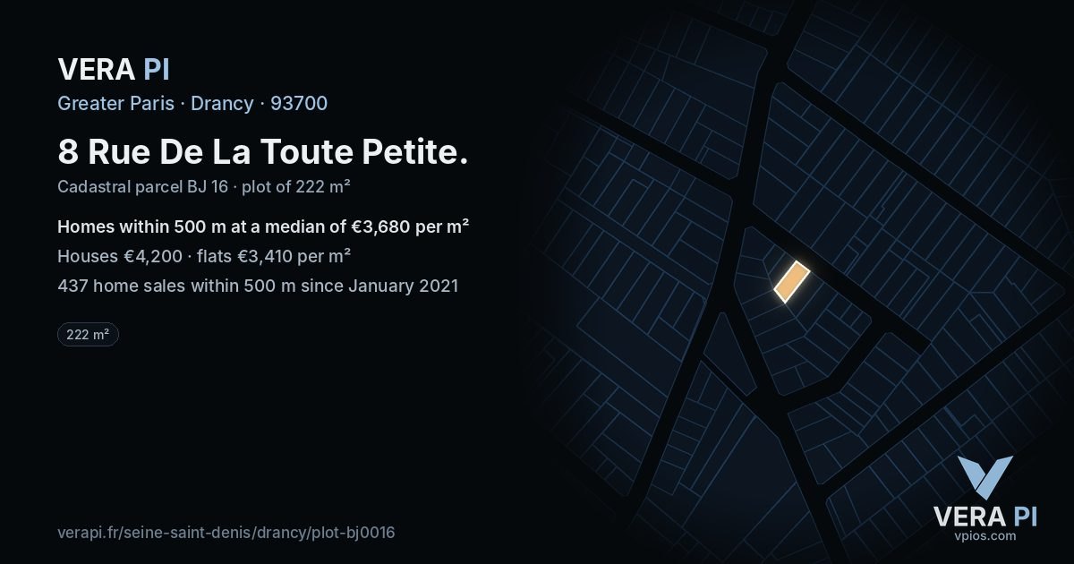 8 Rue De La Toute Petite, Drancy at night – the plot lit, the parcels around coloured by the prices near them