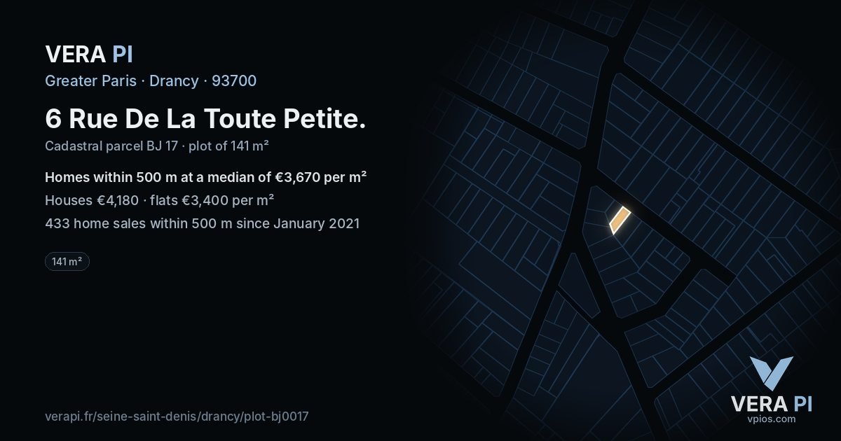 6 Rue De La Toute Petite, Drancy at night – the plot lit, the parcels around coloured by the prices near them