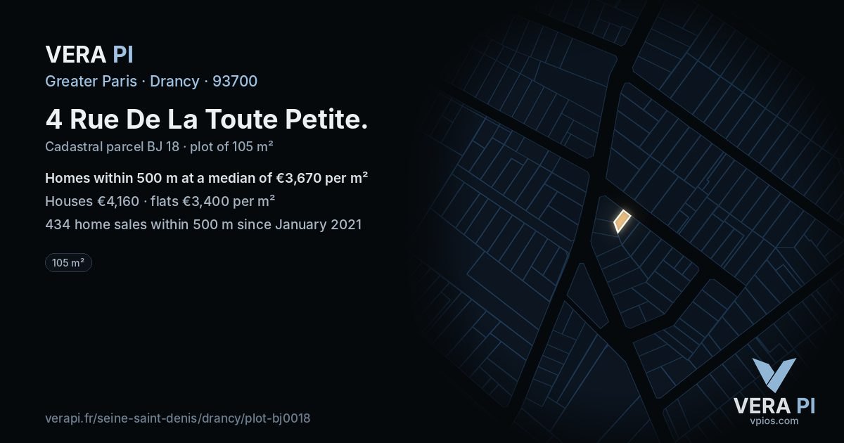 4 Rue De La Toute Petite, Drancy at night – the plot lit, the parcels around coloured by the prices near them
