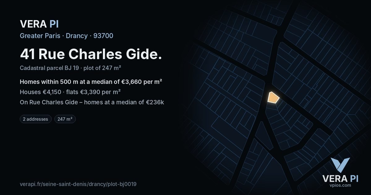 41 Rue Charles Gide, Drancy at night – the plot lit, the parcels around coloured by the prices near them