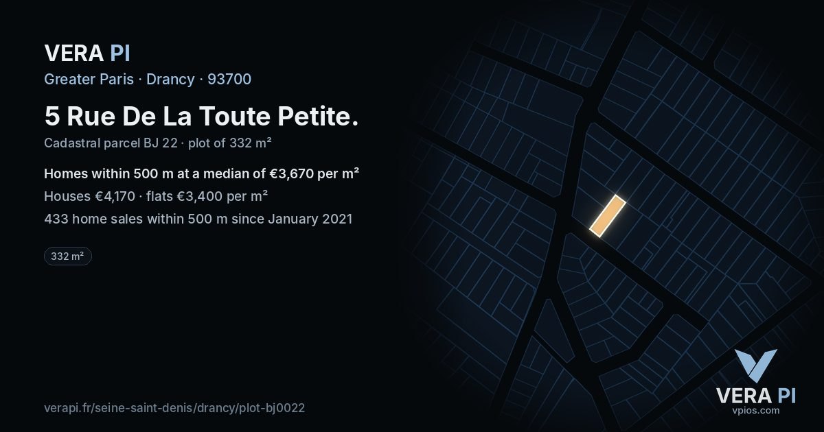 5 Rue De La Toute Petite, Drancy at night – the plot lit, the parcels around coloured by the prices near them
