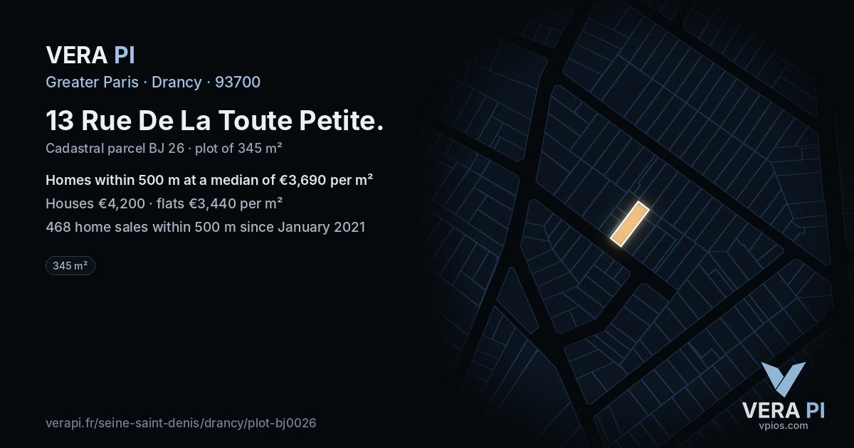 13 Rue De La Toute Petite, Drancy at night – the plot lit, the parcels around coloured by the prices near them