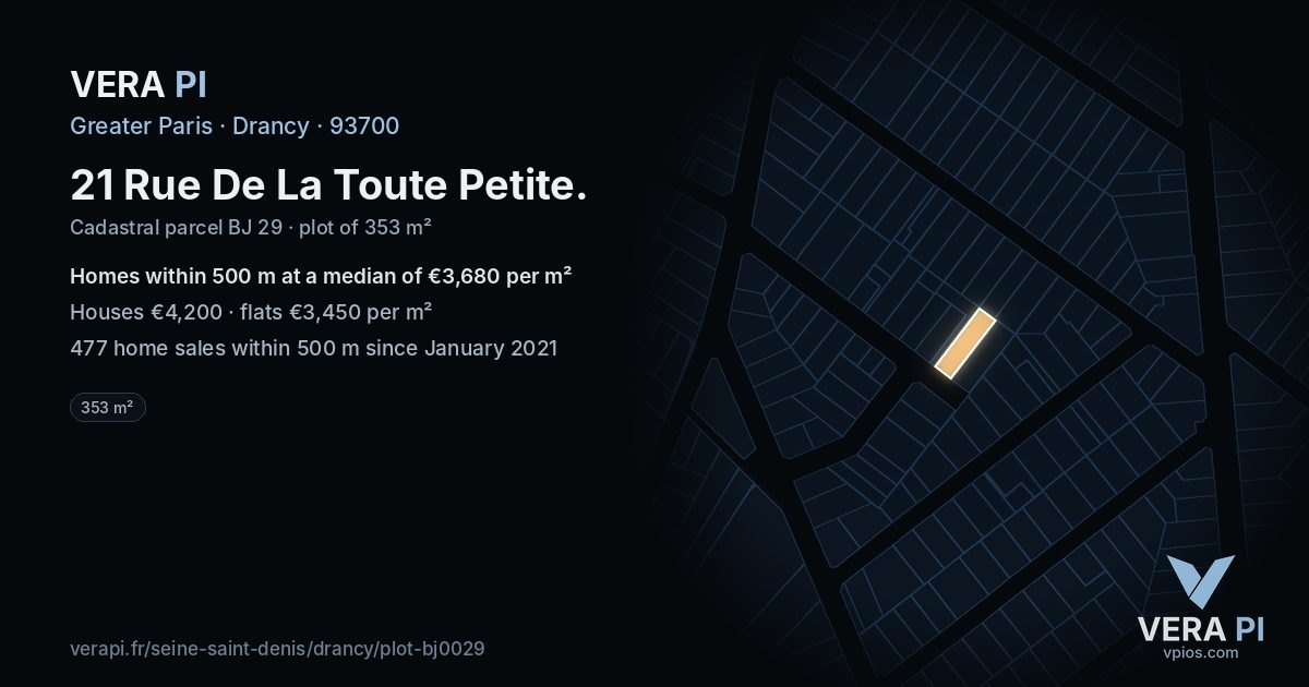 21 Rue De La Toute Petite, Drancy at night – the plot lit, the parcels around coloured by the prices near them