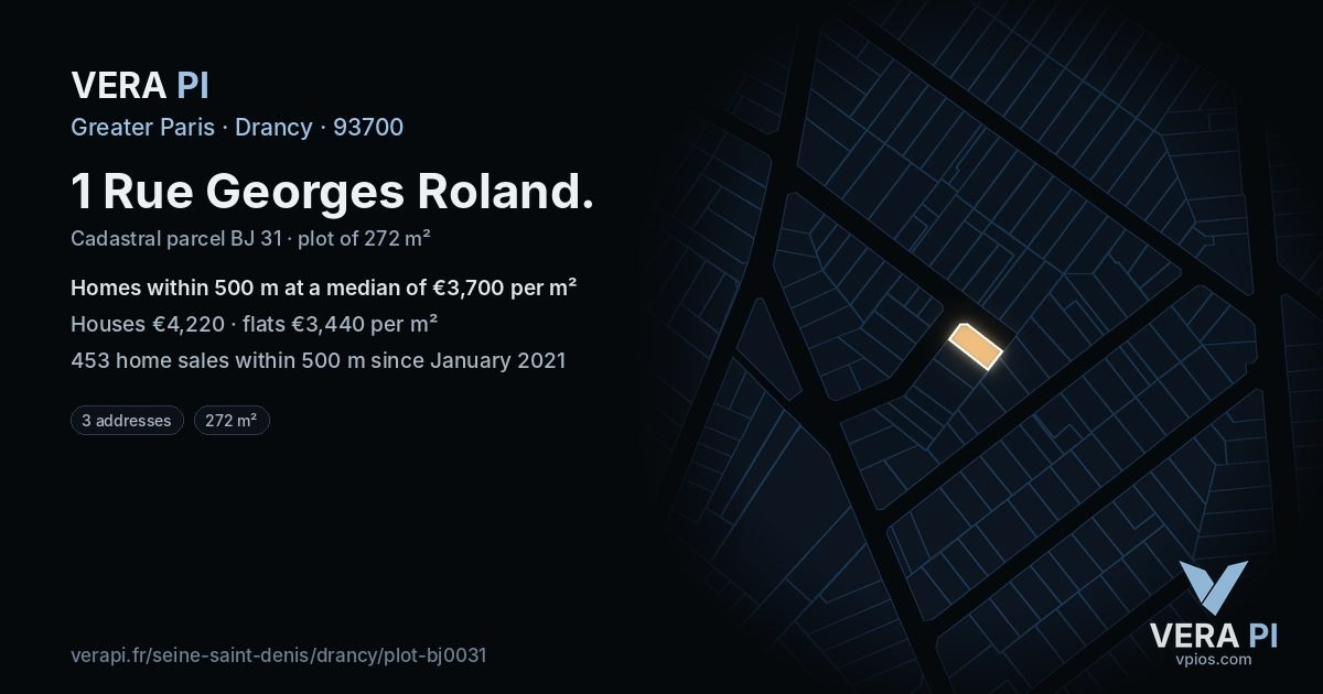 1 Rue Georges Roland, Drancy at night – the plot lit, the parcels around coloured by the prices near them