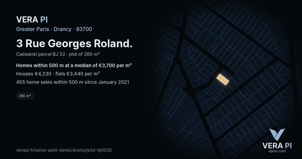 3 Rue Georges Roland, Drancy at night – the plot lit, the parcels around coloured by the prices near them