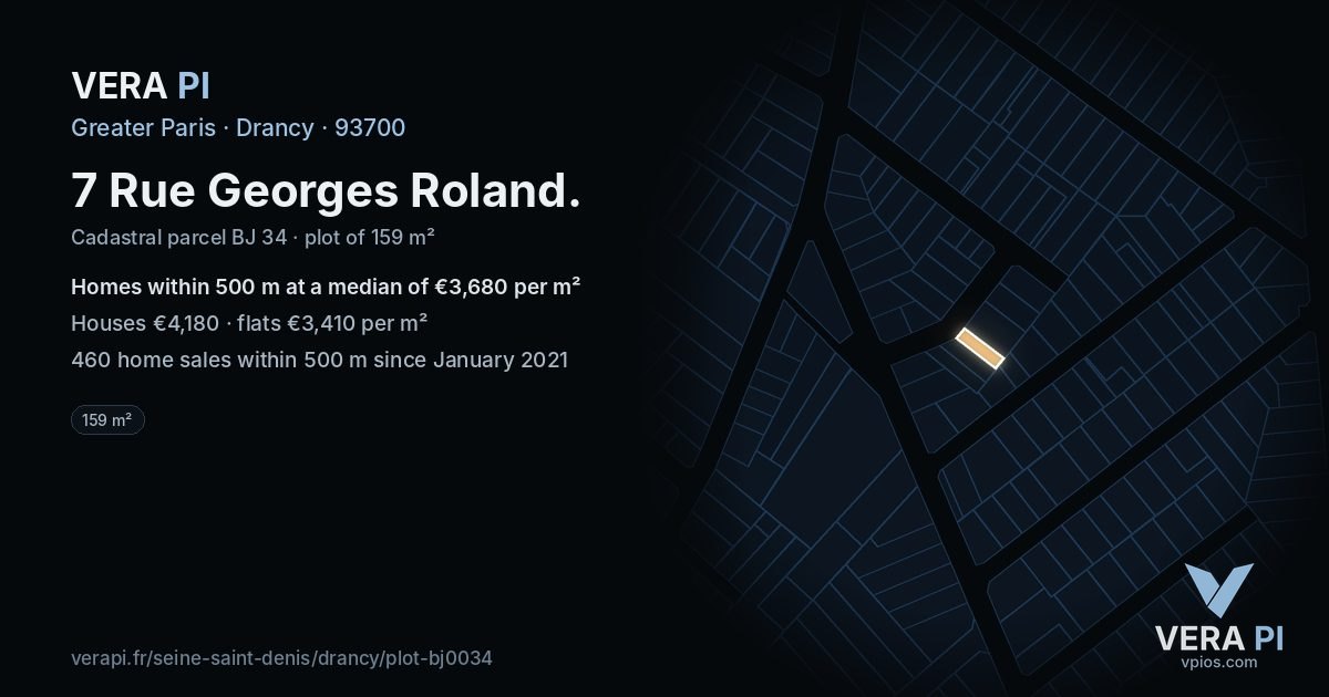 7 Rue Georges Roland, Drancy at night – the plot lit, the parcels around coloured by the prices near them