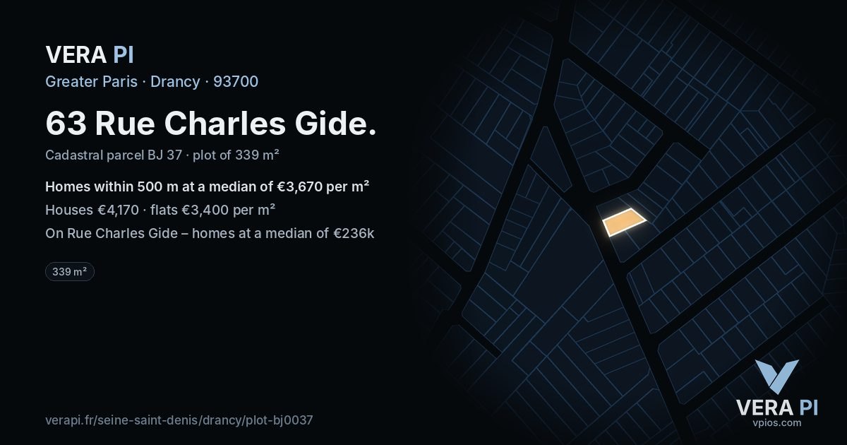 63 Rue Charles Gide, Drancy at night – the plot lit, the parcels around coloured by the prices near them