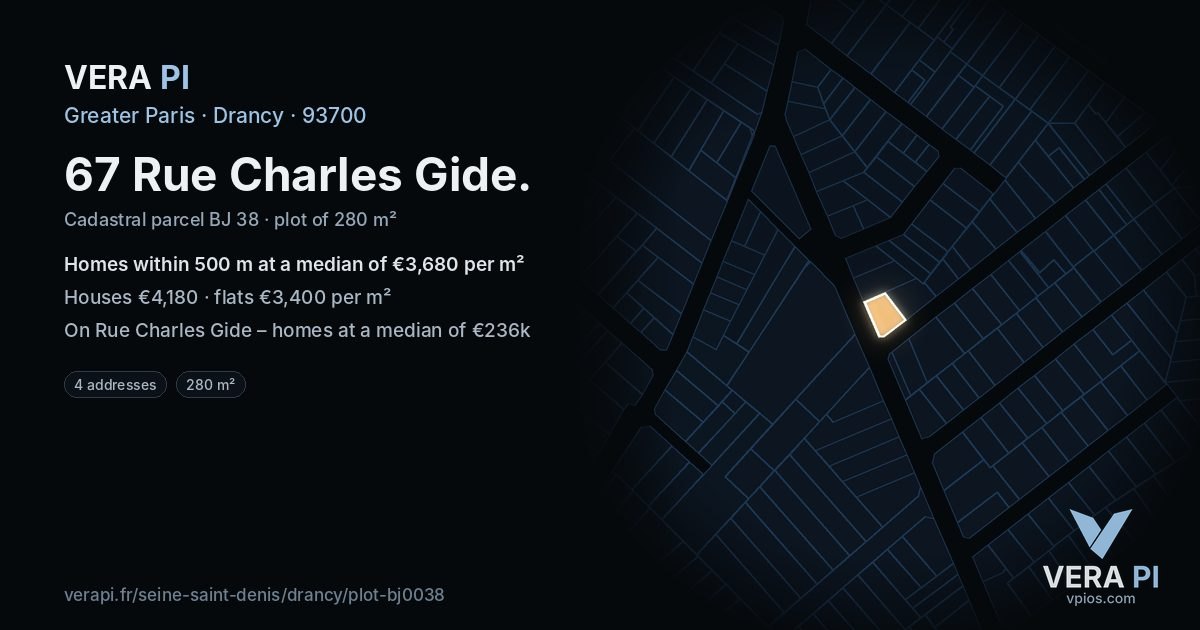 67 Rue Charles Gide, Drancy at night – the plot lit, the parcels around coloured by the prices near them