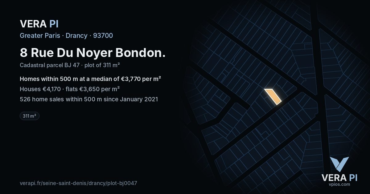 8 Rue Du Noyer Bondon, Drancy at night – the plot lit, the parcels around coloured by the prices near them