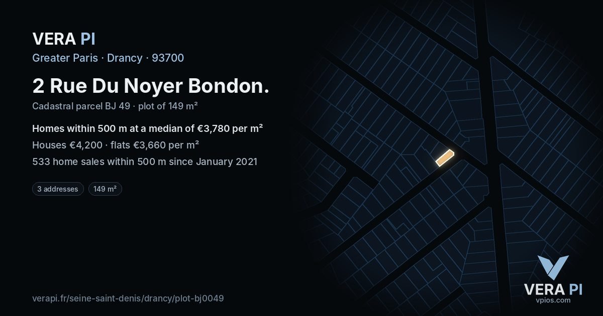 2 Rue Du Noyer Bondon, Drancy at night – the plot lit, the parcels around coloured by the prices near them