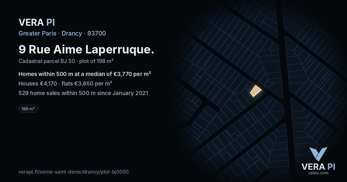 9 Rue Aime Laperruque, Drancy at night – the plot lit, the parcels around coloured by the prices near them