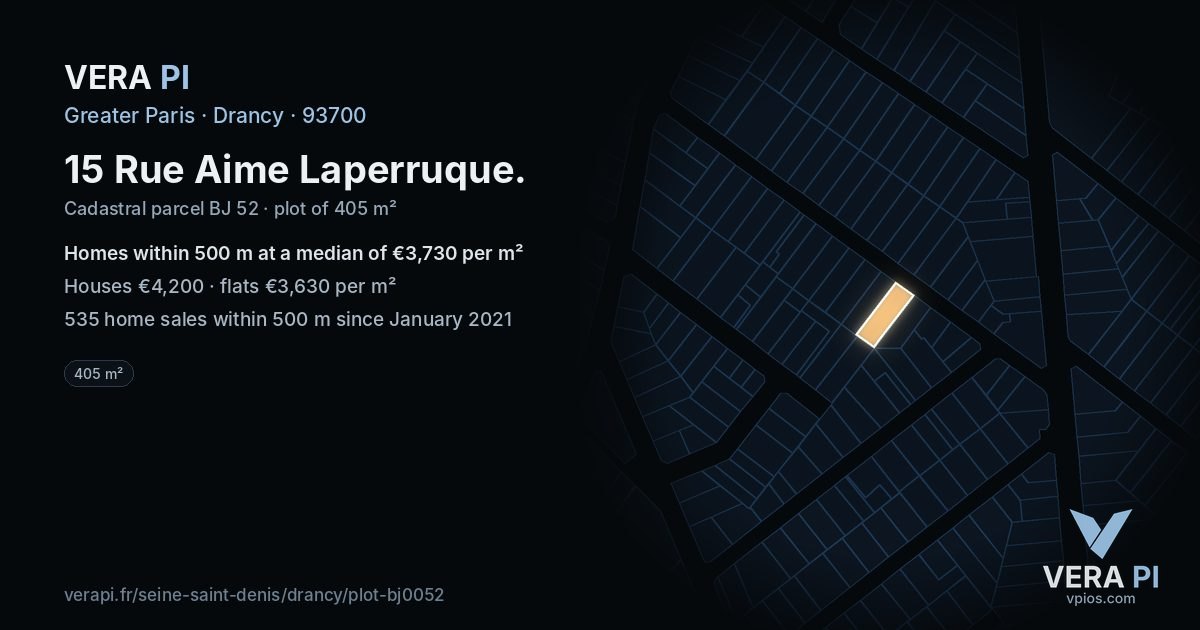 15 Rue Aime Laperruque, Drancy at night – the plot lit, the parcels around coloured by the prices near them