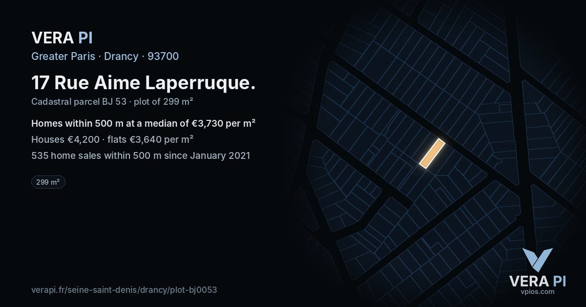 17 Rue Aime Laperruque, Drancy at night – the plot lit, the parcels around coloured by the prices near them