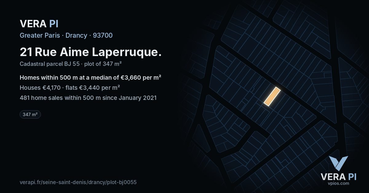 21 Rue Aime Laperruque, Drancy at night – the plot lit, the parcels around coloured by the prices near them