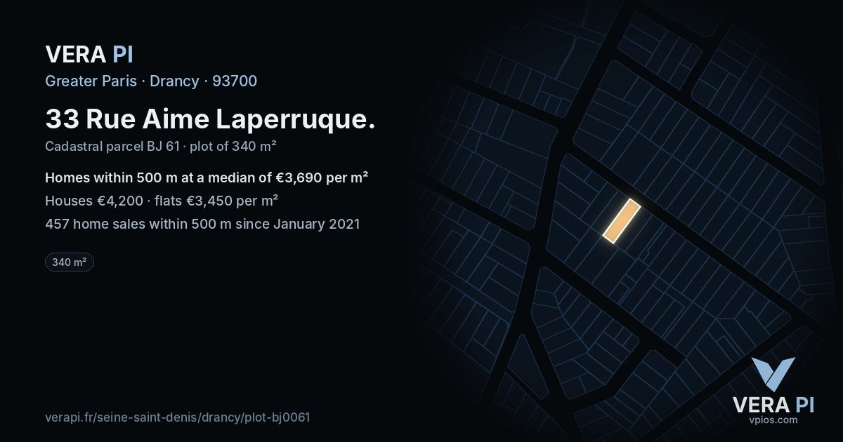 33 Rue Aime Laperruque, Drancy at night – the plot lit, the parcels around coloured by the prices near them