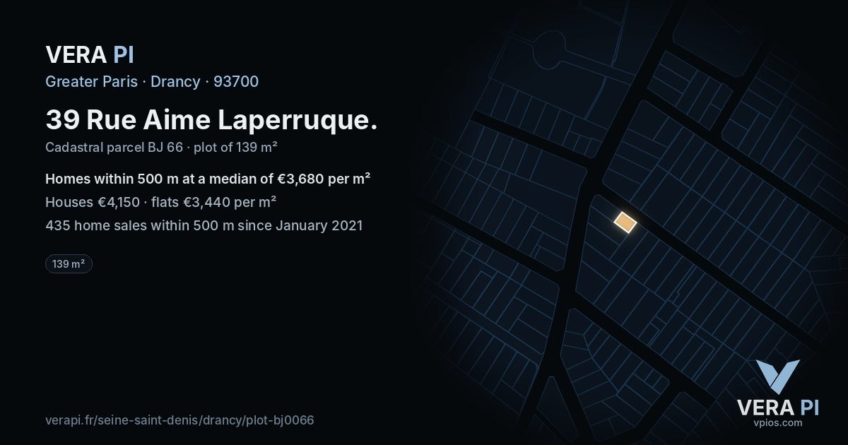 39 Rue Aime Laperruque, Drancy at night – the plot lit, the parcels around coloured by the prices near them