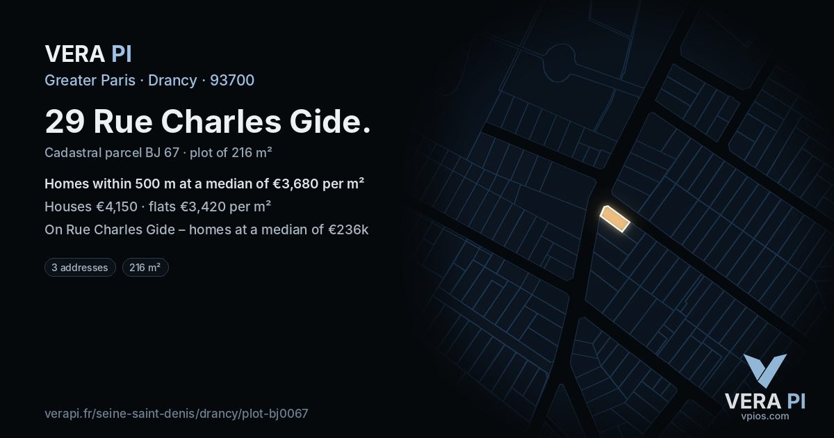 29 Rue Charles Gide, Drancy at night – the plot lit, the parcels around coloured by the prices near them