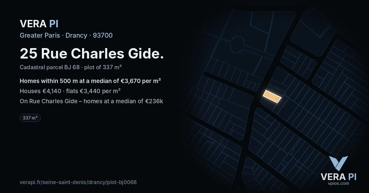 25 Rue Charles Gide, Drancy at night – the plot lit, the parcels around coloured by the prices near them