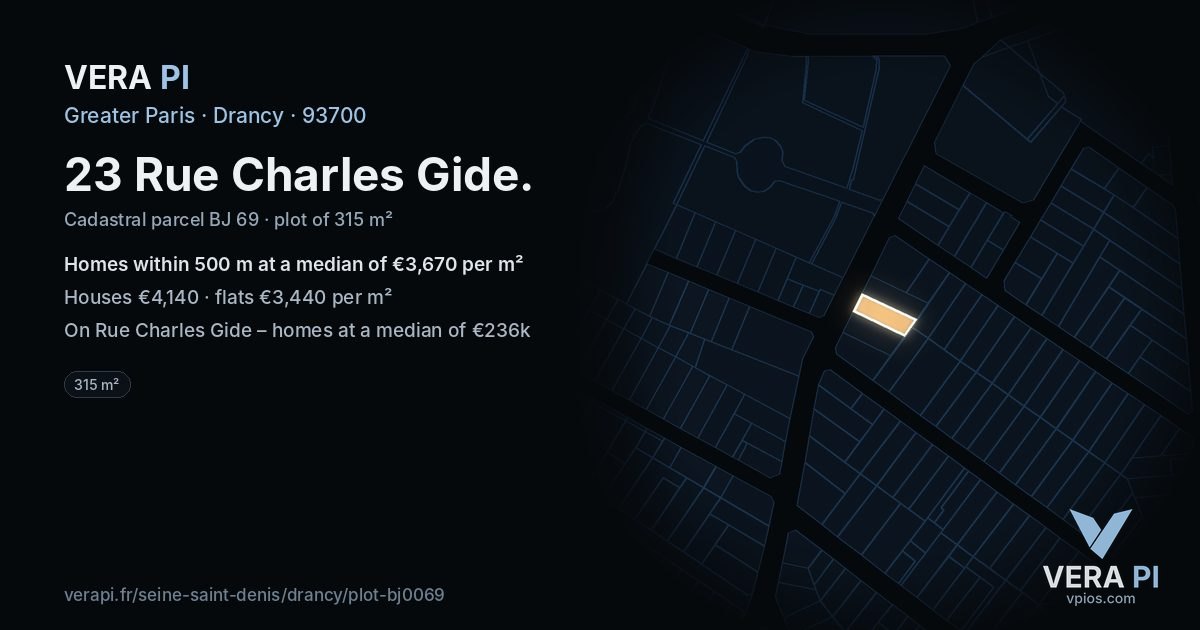 23 Rue Charles Gide, Drancy at night – the plot lit, the parcels around coloured by the prices near them