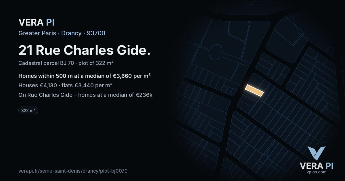 21 Rue Charles Gide, Drancy at night – the plot lit, the parcels around coloured by the prices near them