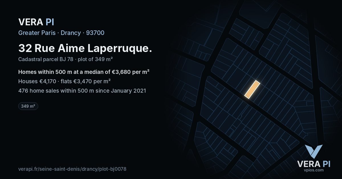 32 Rue Aime Laperruque, Drancy at night – the plot lit, the parcels around coloured by the prices near them