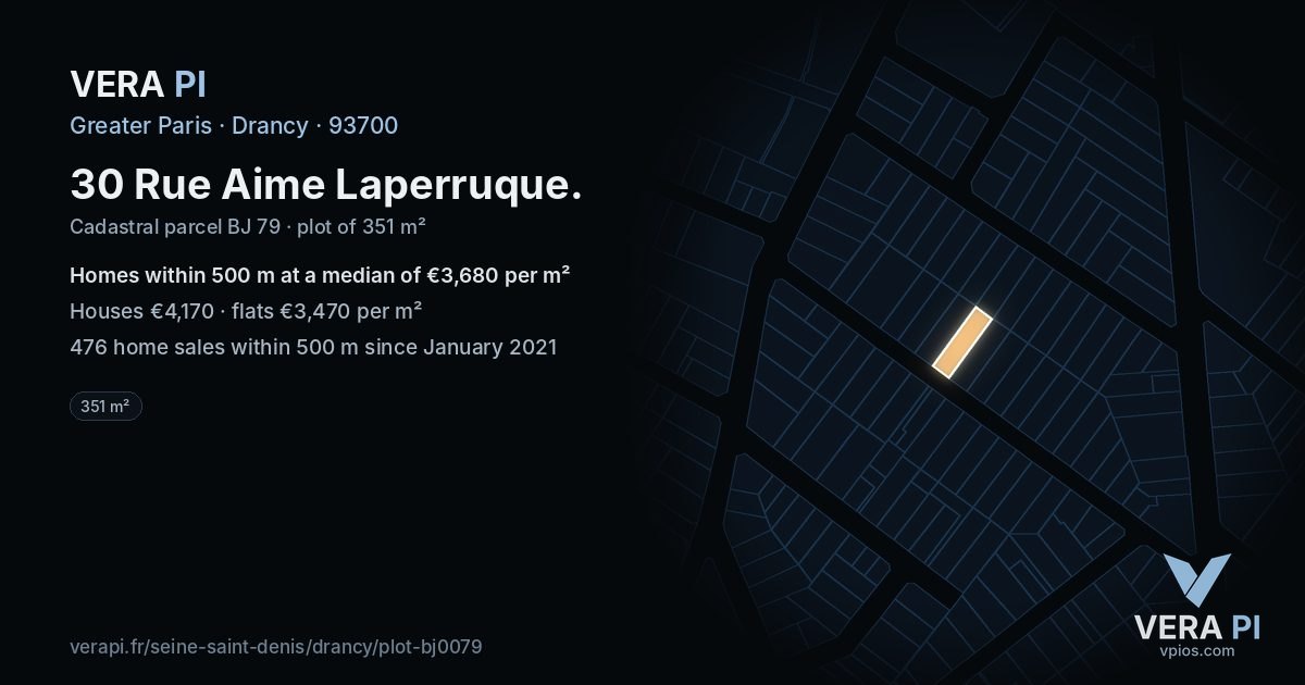 30 Rue Aime Laperruque, Drancy at night – the plot lit, the parcels around coloured by the prices near them