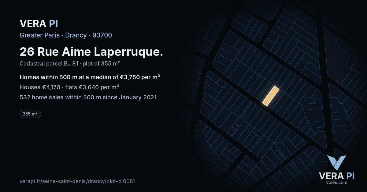 26 Rue Aime Laperruque, Drancy at night – the plot lit, the parcels around coloured by the prices near them
