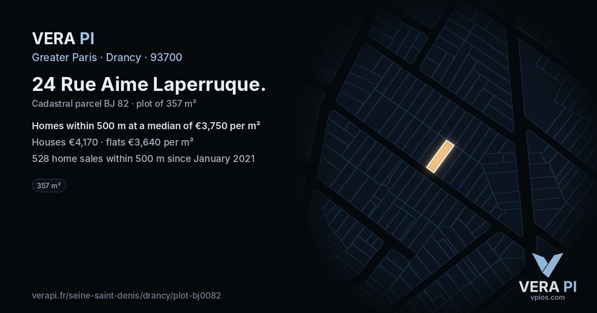 24 Rue Aime Laperruque, Drancy at night – the plot lit, the parcels around coloured by the prices near them