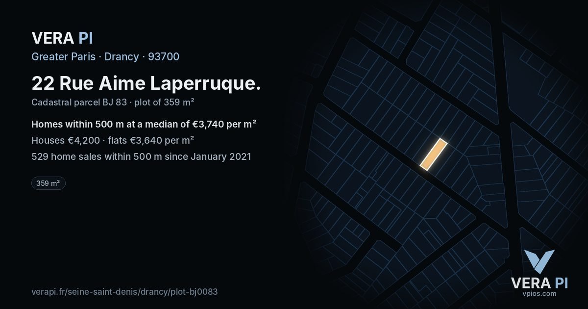 22 Rue Aime Laperruque, Drancy at night – the plot lit, the parcels around coloured by the prices near them