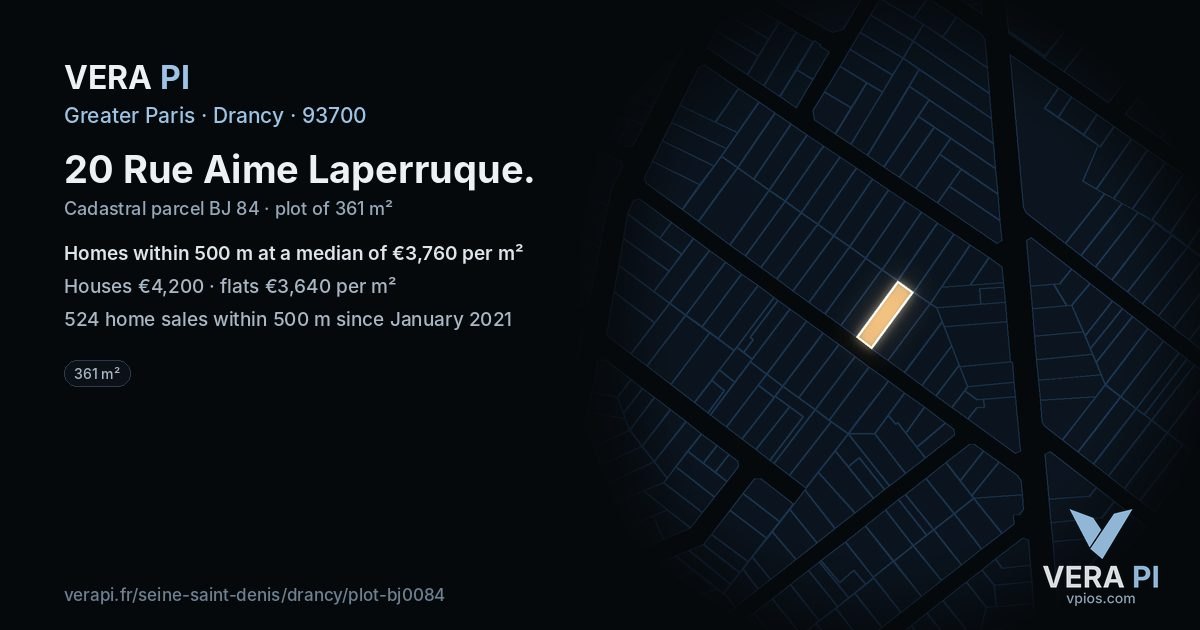 20 Rue Aime Laperruque, Drancy at night – the plot lit, the parcels around coloured by the prices near them
