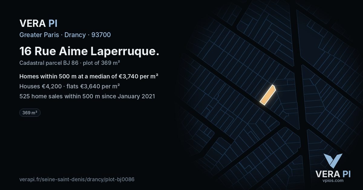 16 Rue Aime Laperruque, Drancy at night – the plot lit, the parcels around coloured by the prices near them