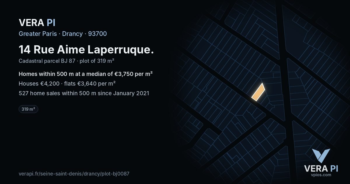 14 Rue Aime Laperruque, Drancy at night – the plot lit, the parcels around coloured by the prices near them
