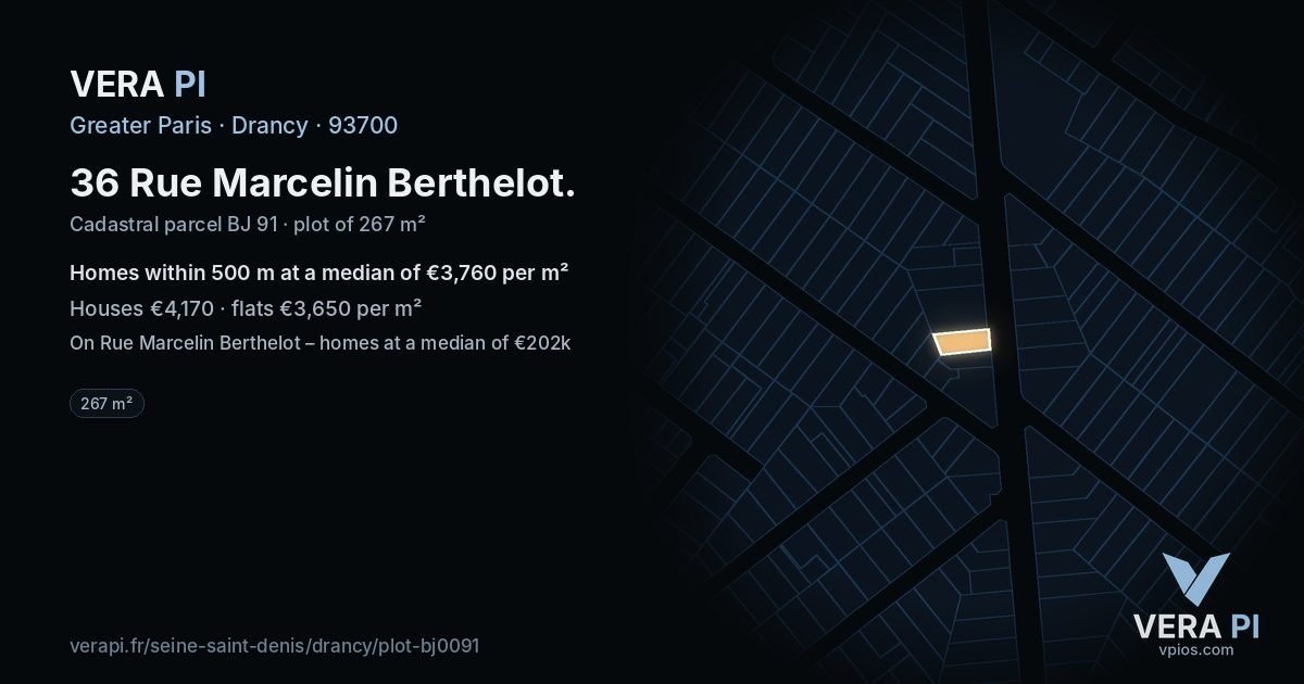 36 Rue Marcelin Berthelot, Drancy at night – the plot lit, the parcels around coloured by the prices near them