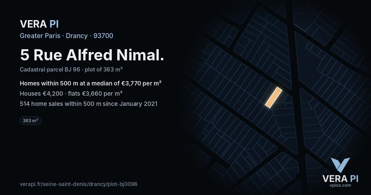5 Rue Alfred Nimal, Drancy at night – the plot lit, the parcels around coloured by the prices near them