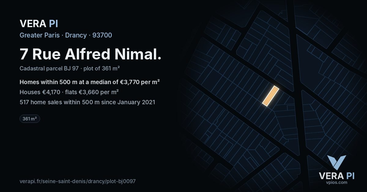 7 Rue Alfred Nimal, Drancy at night – the plot lit, the parcels around coloured by the prices near them