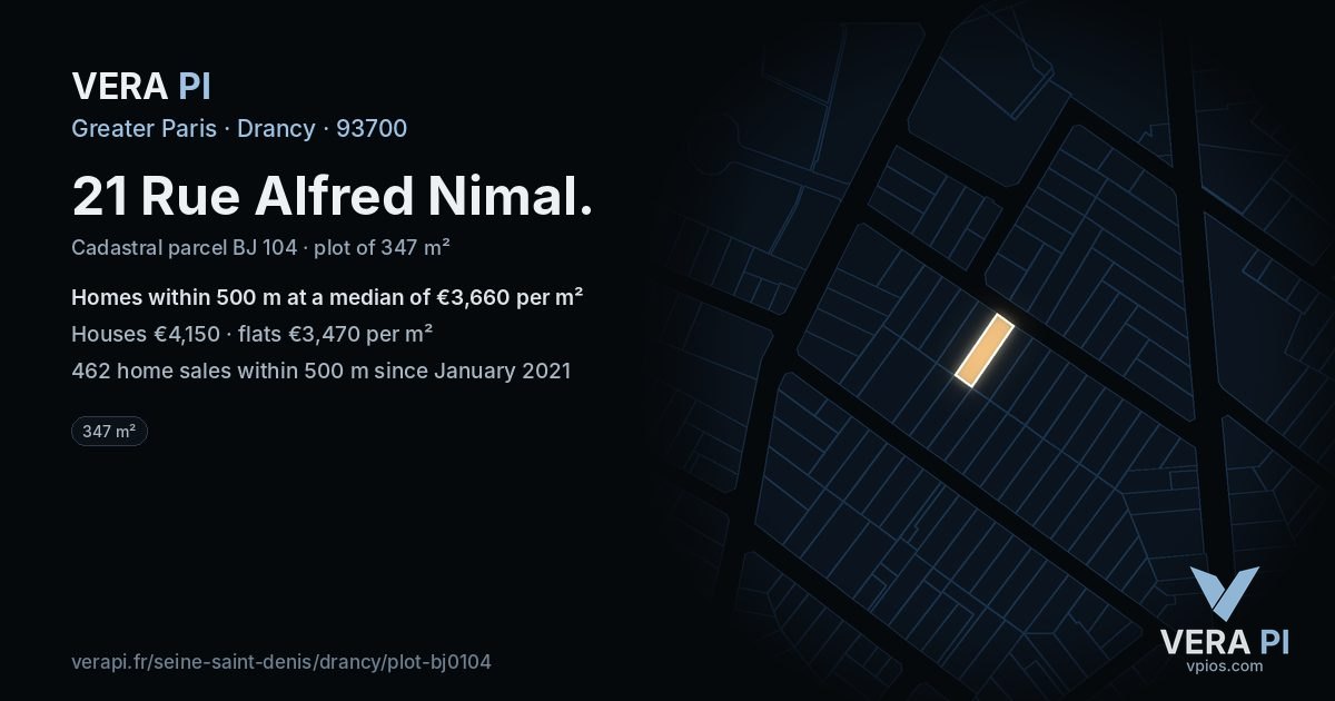 21 Rue Alfred Nimal, Drancy at night – the plot lit, the parcels around coloured by the prices near them