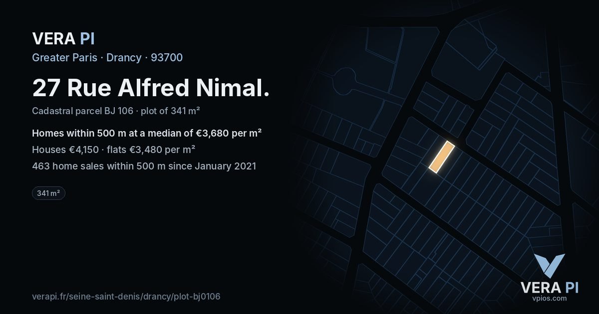 27 Rue Alfred Nimal, Drancy at night – the plot lit, the parcels around coloured by the prices near them