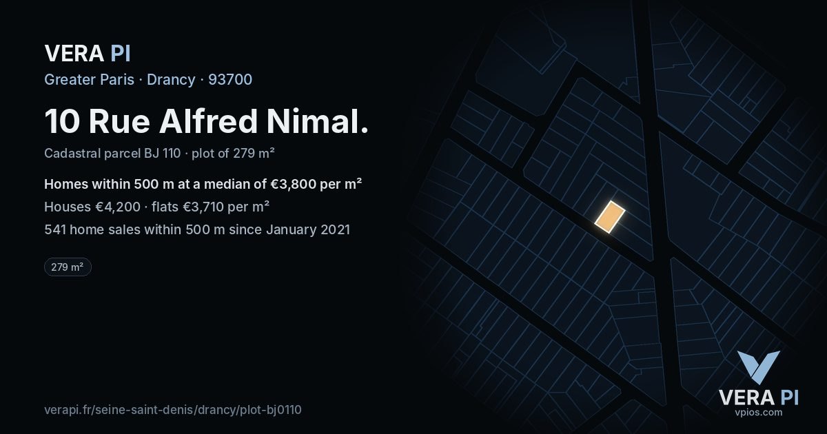 10 Rue Alfred Nimal, Drancy at night – the plot lit, the parcels around coloured by the prices near them
