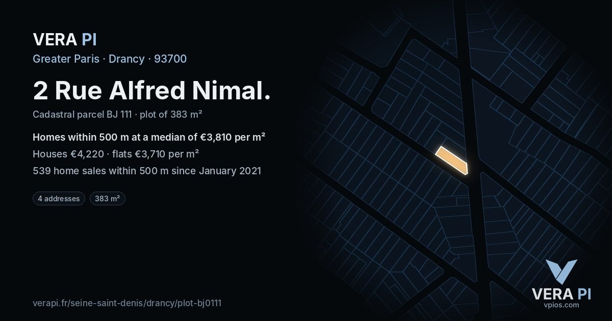 2 Rue Alfred Nimal, Drancy at night – the plot lit, the parcels around coloured by the prices near them