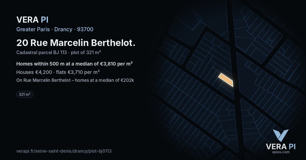 20 Rue Marcelin Berthelot, Drancy at night – the plot lit, the parcels around coloured by the prices near them
