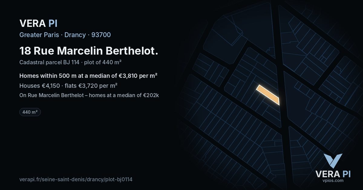 18 Rue Marcelin Berthelot, Drancy at night – the plot lit, the parcels around coloured by the prices near them