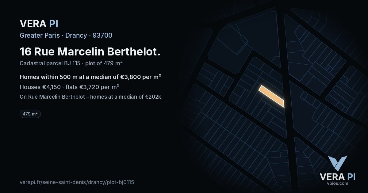 16 Rue Marcelin Berthelot, Drancy at night – the plot lit, the parcels around coloured by the prices near them